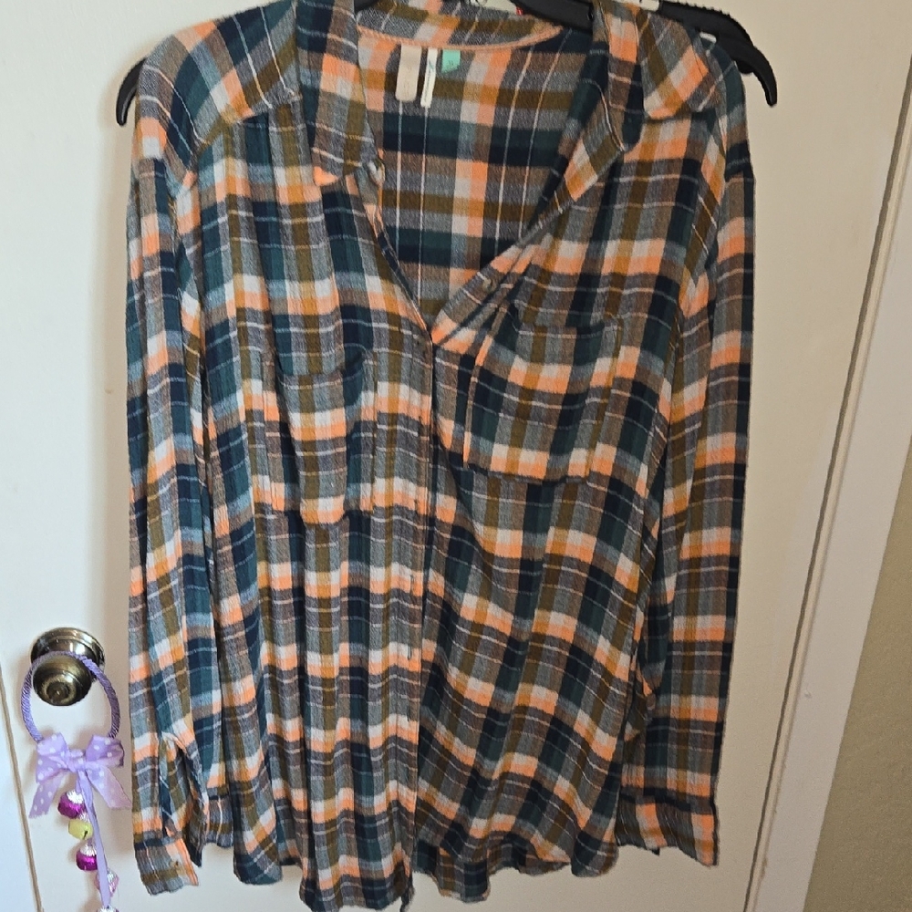 Anthropologie Plaid Button-Up Blouse in Navy, Green, Peach